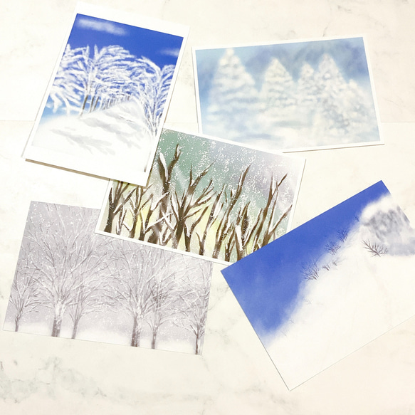 【Winter】5枚セット　ポストカード　景色　自然　雪　冬　季節　絵はがき　イラスト　ハガキ　キレイ　森　山　空　 8枚目の画像