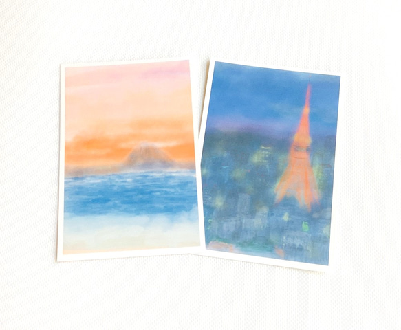 【富士と東京タワーセット】4枚　ポストカード　はがき　景色　デザイン　イラスト　アート　紙もの　紙　ペーパー　 1枚目の画像
