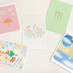 【5枚セット】ポストカード  自然　イラスト　食べ物　花　チューリップ　かわいい　気球　空　雲　文具　ハガキ　ピンク　 1枚目の画像
