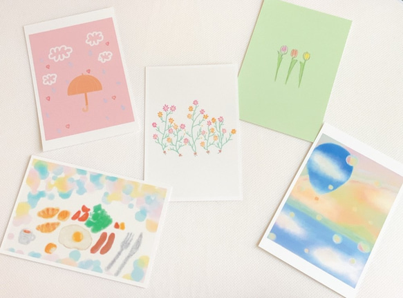 【5枚セット】ポストカード  自然　イラスト　食べ物　花　チューリップ　かわいい　気球　空　雲　文具　ハガキ　ピンク　 1枚目の画像