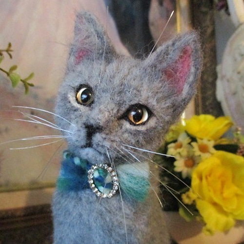 羊毛フェルト かわいいロシアンブルー 猫 ネコ ハンドメイド 羊毛