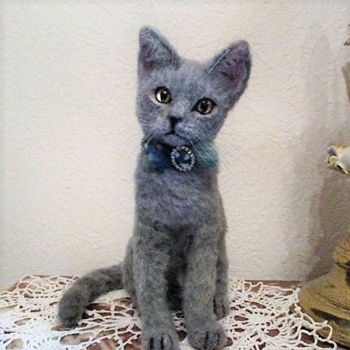 羊毛フェルト かわいいロシアンブルー 猫 ネコ ハンドメイド