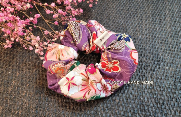 和風大腸髮圈|櫻花/日式布花/純棉印花布/長髮的好夥伴 第3張的照片