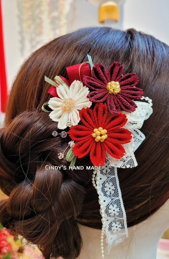 波斯菊|兩用夾/っまみ細工/絹布/縮緬布/日式布花/浴衣/和服配件/草帽配飾 第2張的照片