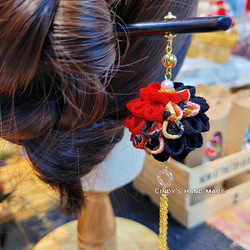 くす玉黑檀木簪/丸子/つまみ細工/日式布花/縮緬布/和服配飾/【馨"手作/cindy's hand made】設計款 第1張的照片