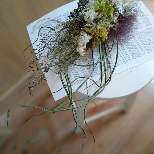 スモークツリーと紫陽花の縦長スワッグ☆ドライフラワースワッグ