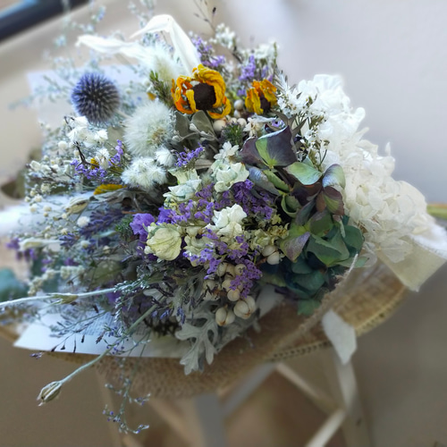 ももさく＆秋色紫陽花と白系ブルー系紫系小花リース＆スワッグセット 白い紫陽花と秋色紫陽花とブルーの小花達爽やかなドライフラワー
