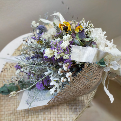 ももさく＆秋色紫陽花と白系ブルー系紫系小花リース＆スワッグセット 白い紫陽花と秋色紫陽花とブルーの小花達爽やかなドライフラワー