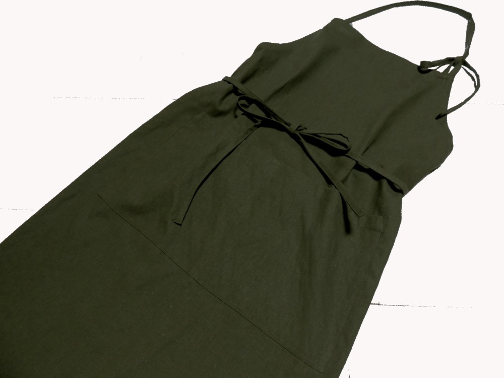 綿麻カフェエプロン・胸当て付/オリーブ