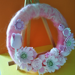ホッコリ羊毛のお花畑リース♥ピンク 4枚目の画像