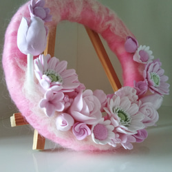 ホッコリ羊毛のお花畑リース♥ピンク 6枚目の画像