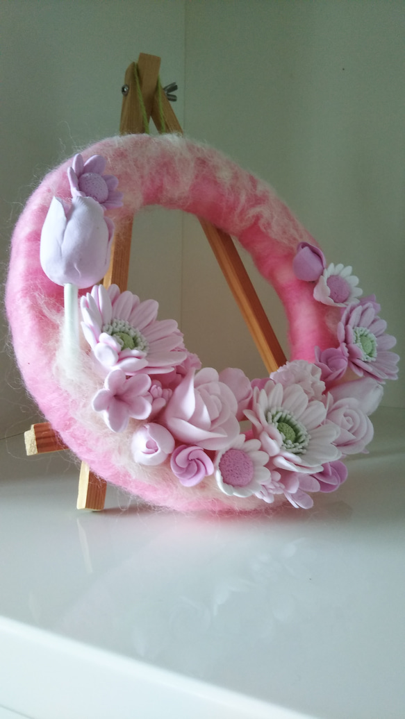 ホッコリ羊毛のお花畑リース♥ピンク 6枚目の画像