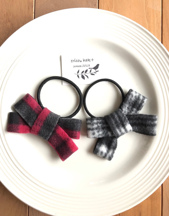 秋冬 ふわふわチェックリボンのヘアゴム 大人 キッズ ヘアゴム erico