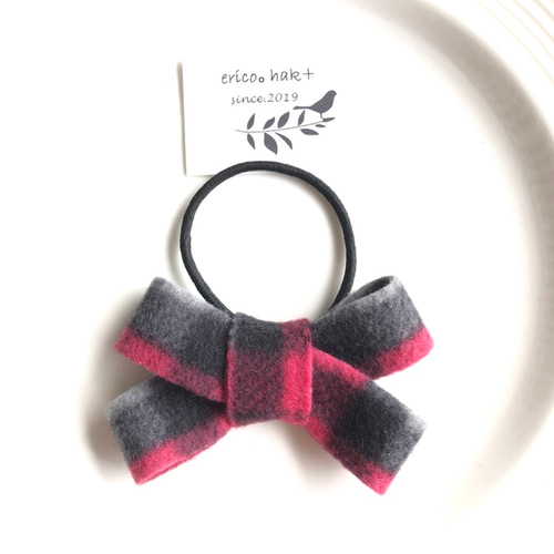秋冬 ふわふわチェックリボンのヘアゴム 大人 キッズ ヘアゴム erico