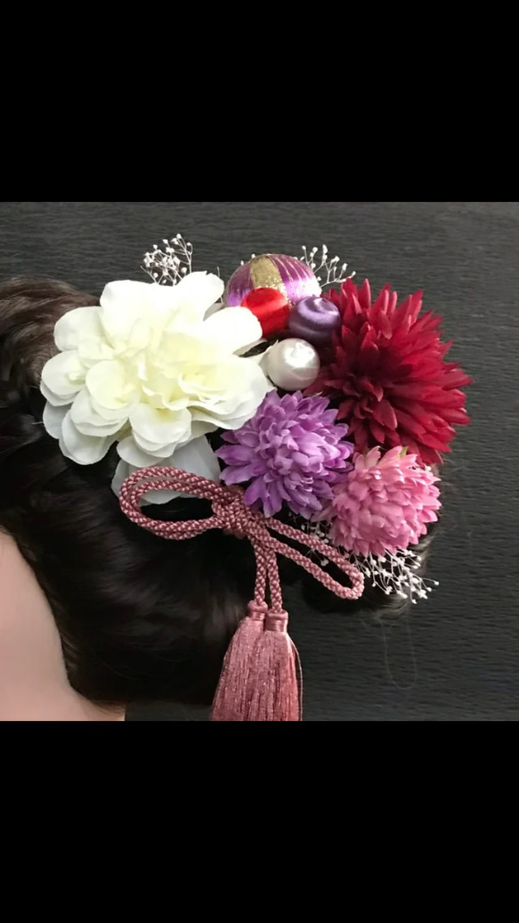 ダリア　マム　卒業式　結婚式　成人式　和装　 ヘッドパーツ 髪飾り タッセルリボン（お色変更可） 6枚目の画像
