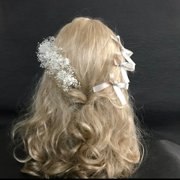 【再販】プリザーブドフラワー　かすみ草　ヘッドドレス  8本　髪飾り　結婚式 成人式  卒業式  シャンパン 1枚目の画像
