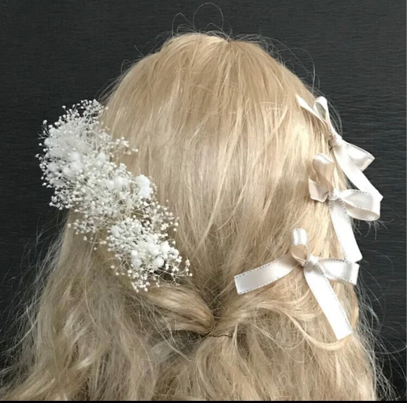 【再販】プリザーブドフラワー　かすみ草　ヘッドドレス  8本　髪飾り　結婚式 成人式  卒業式  シャンパン 3枚目の画像