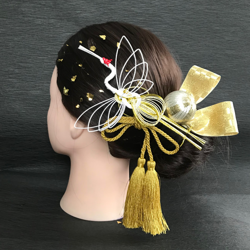 成人式 結婚式 3000円以下 多数出品中】髪飾り 金箔付き 鶴 ホワイト