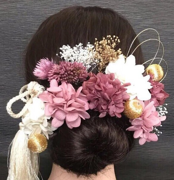 和装 成人式　卒業式 結婚式 髪飾り　紫陽花　ヘッドドレス　くすみ系　和玉　袴　タッセル　振り袖 1枚目の画像