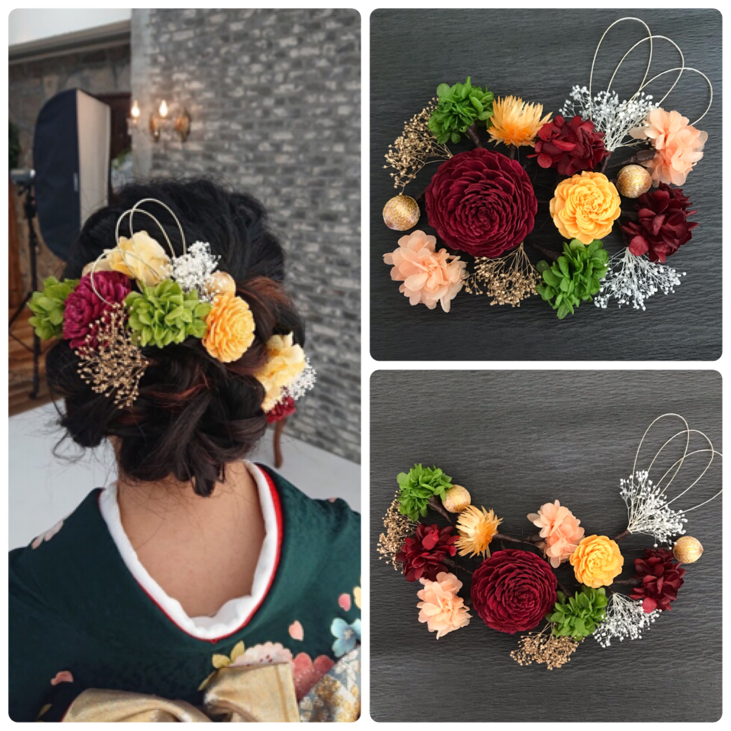 【成人式　卒業式　前撮り】ボタニカル　和装用　袴  振袖　ワインレッド　オレンジ　水引　結婚式　ソーラーローズ　ヘア飾り