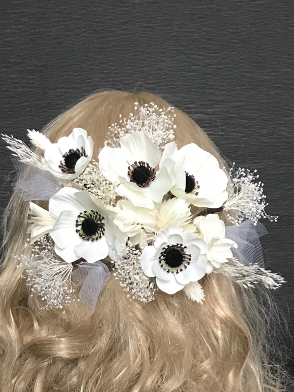 アネモネ　髪飾り  紫陽花   かすみ草  ホワイト系　ヘッドパーツ　卒業式 結婚式 成人式 4枚目の画像