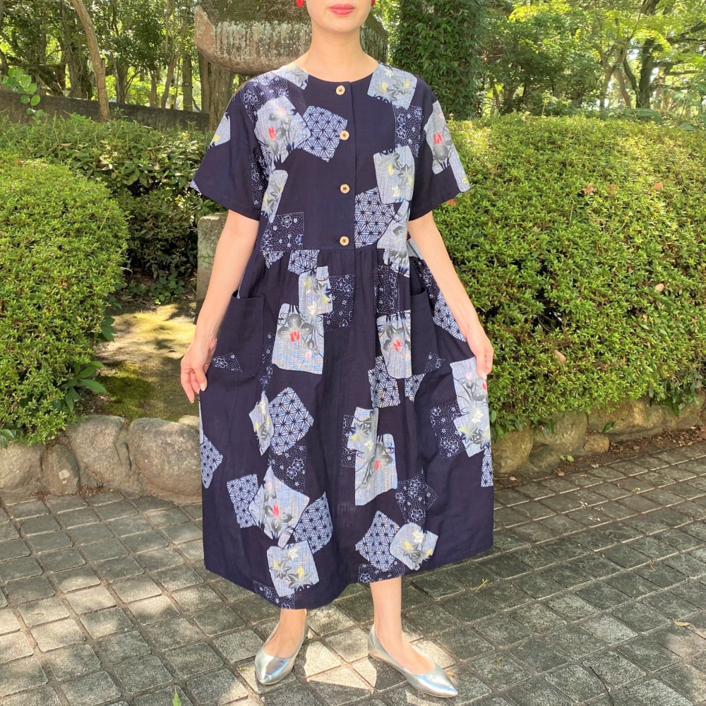 ハンドメイド ロング シンプル 綿紬 菊 一点物 浴衣 リメイク ワンピース ハンドメイド ロング シンプル 綿紬 菊 一点物 浴衣 リメイク ワンピース