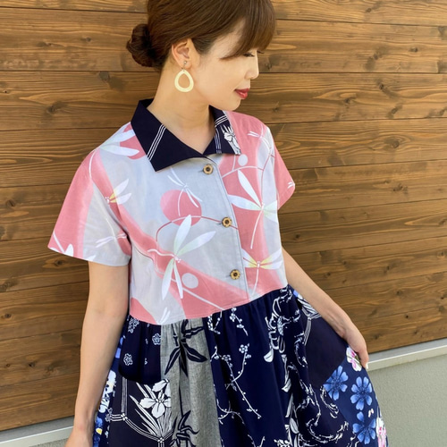 浴衣リメイク 花柄 半袖 Vネック ワンピース ネイビー ゆかたリメイク ネイビー花柄Vネック半袖ワンピース - メルカリ