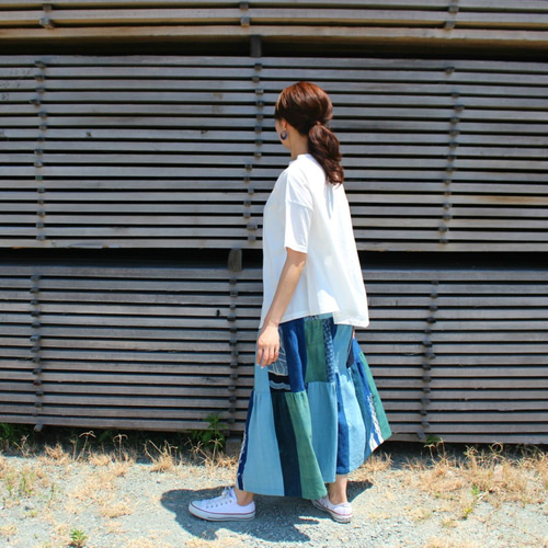 千愛の森　手作りハンドメイド藍染古布大魚個性スカート