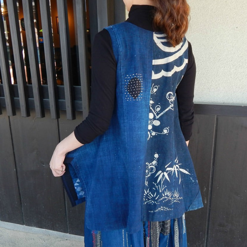 古布　リメイク　ベスト　藍染　刺し子　③ 古布リメイクベスト 古布 リメイク ベスト 藍染 刺し子 ③ 古布