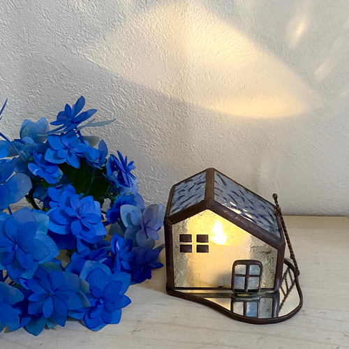 草原の小さなお家*+空色の屋根*+オブジェ*LEDキャンドルホルダー