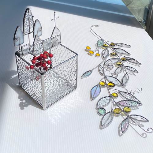 教会のある街並みbox型オブジェ*ランプ*ステンドグラス 立体・オブジェ