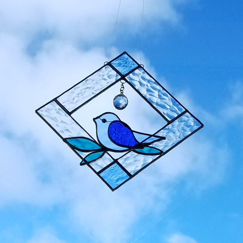 青い鳥がとまったよ+*サンキャッチャー*+ステンドグラス 立体