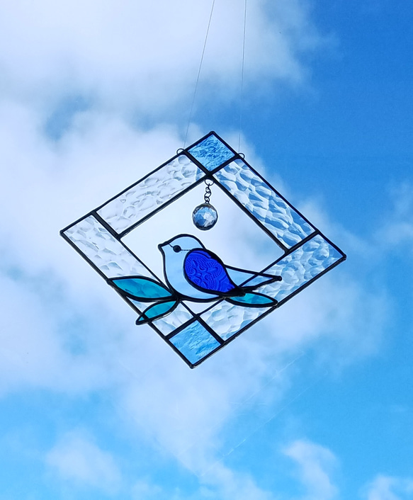 青い鳥がとまったよ+*サンキャッチャー*+ステンドグラス 立体