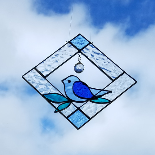 青い鳥がとまったよ+*サンキャッチャー*+ステンドグラス 立体