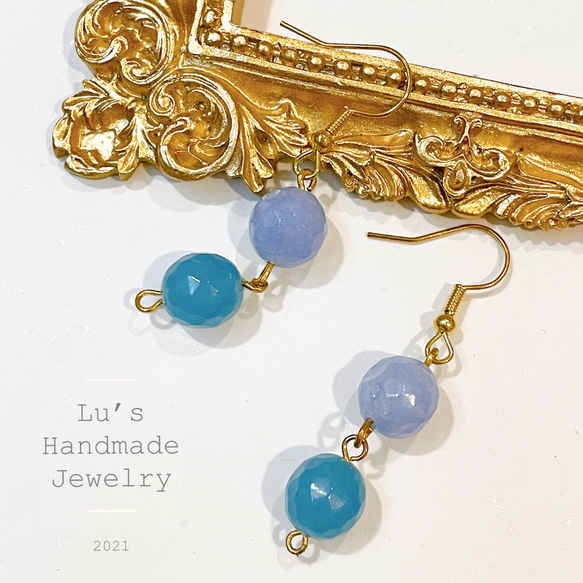 《Lu’s Handmade Jewelry》雙色海藍寶垂墜耳環 第4張的照片