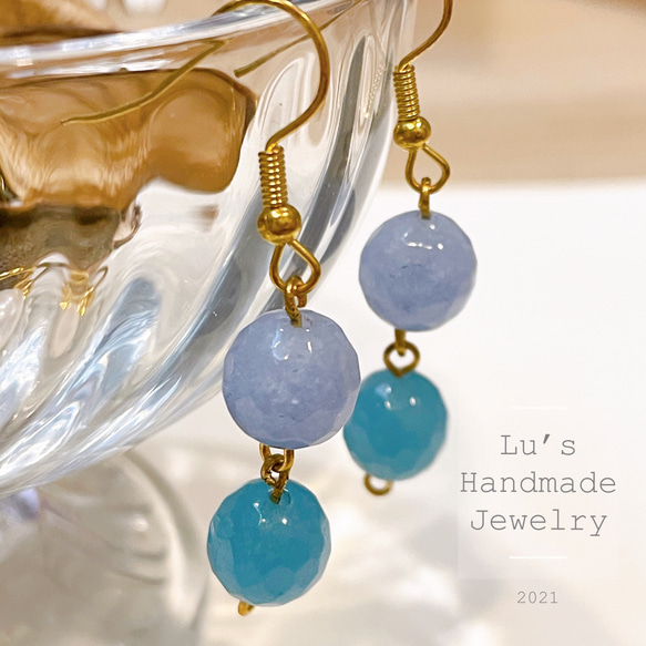 《Lu’s Handmade Jewelry》雙色海藍寶垂墜耳環 第6張的照片