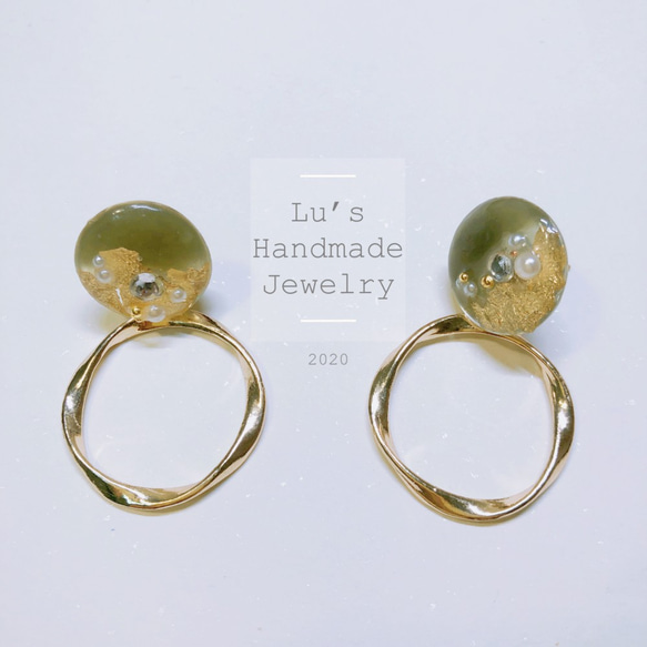 橄欖綠 棕橘大理石紋 101-Way造型UV膠耳環 第1張的照片