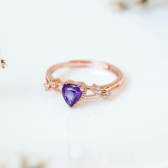 紫水晶 Amethyst 925純銀 玫瑰金 戒指 可愛氣質愛心 2月誕生石 第3張的照片