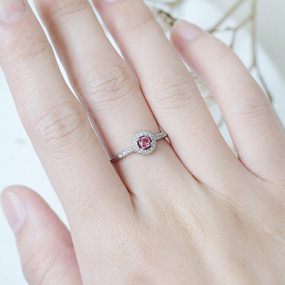 粉碧璽 Tourmaline 925純銀 戒指 爪鑲華麗鑽圈 第5張的照片