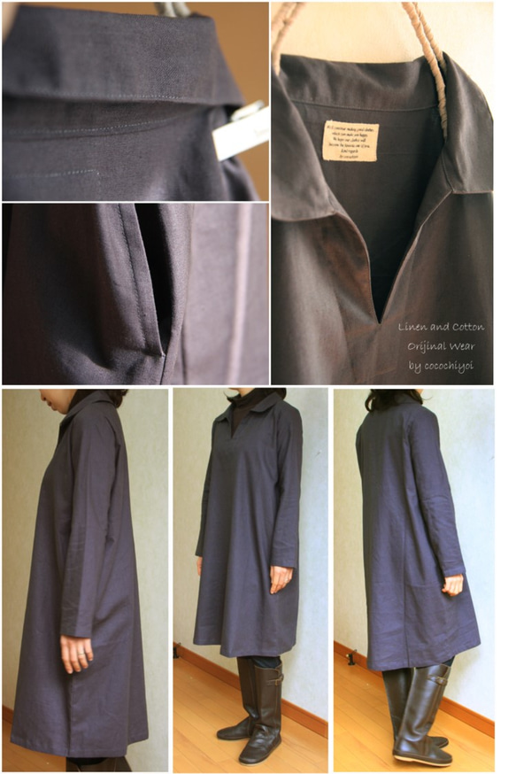 棉麻混紡開襟連身裙 灰黑(w-105) 第3張的照片