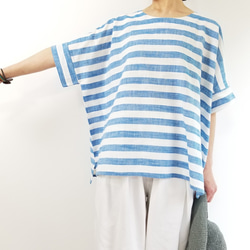 【即納】太ボーダーコットンリネン ゆったり落ち感Tシャツ　ブルー 1枚目の画像