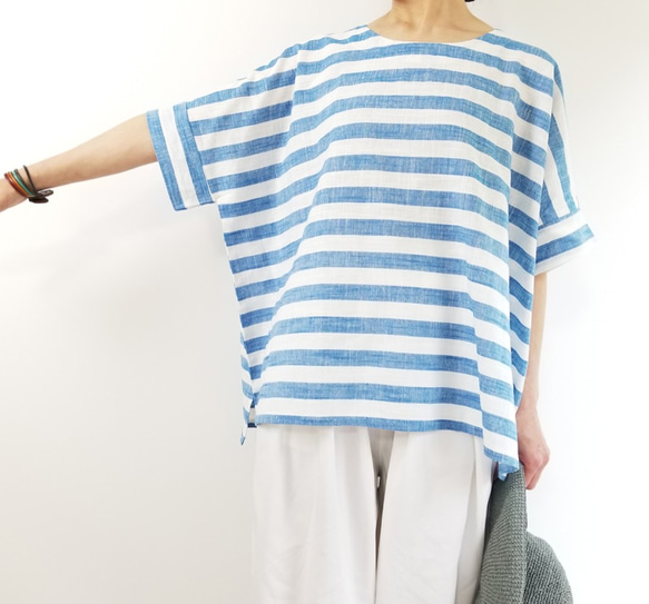 【即納】太ボーダーコットンリネン ゆったり落ち感Tシャツ　ブルー 1枚目の画像