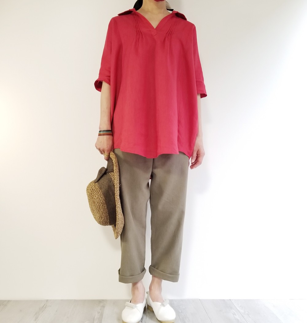 【即納】年中使える★アンティークカーキ/コットンリネン★テーパードパンツ◇おうちで楽ちん＆お出かけにも