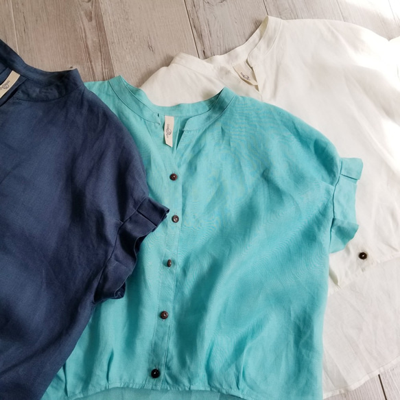 【即納】可憐な夏のリネンシャツ★タックフリルの袖と丸みのあるヘムラインが大人可愛い スカイブルー 8枚目の画像