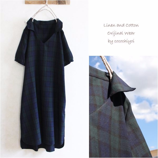 【在庫のみ販売】S-7Lコットンブラックウォッチスキッパーワンピース半袖