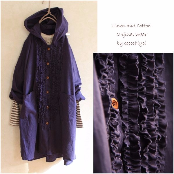 【在庫のみ販売】リネンフードフリルワンピースネイビー