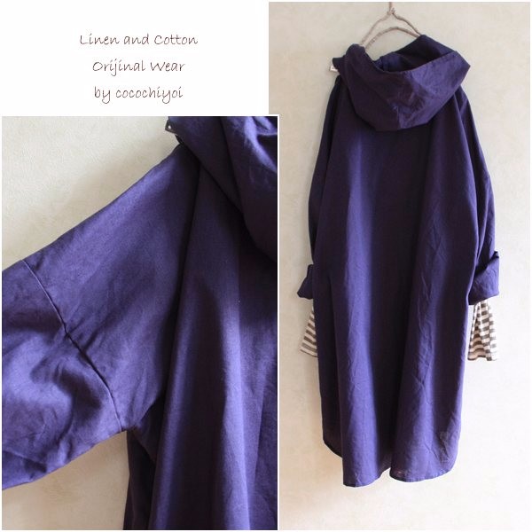 【在庫のみ販売】リネンフードフリルワンピースネイビー