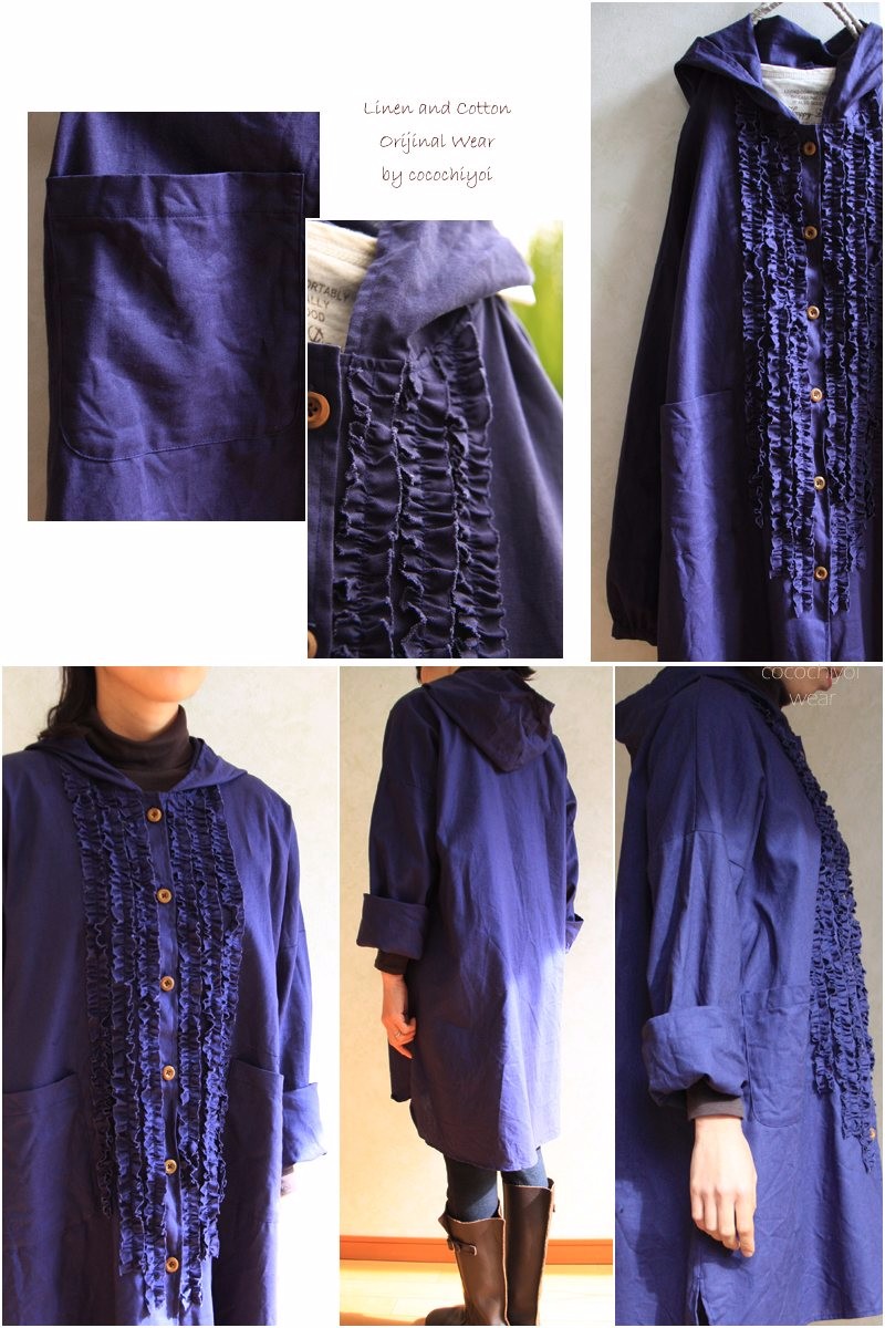 【在庫のみ販売】リネンフードフリルワンピースネイビー