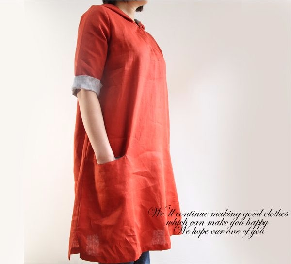 【在庫のみ販売】可愛いフード付きのリネンワンピース