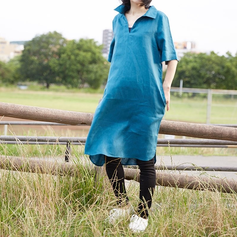 【在庫のみ販売】S-7Lまで制作できます★リネンスキッパーワンピース五分袖